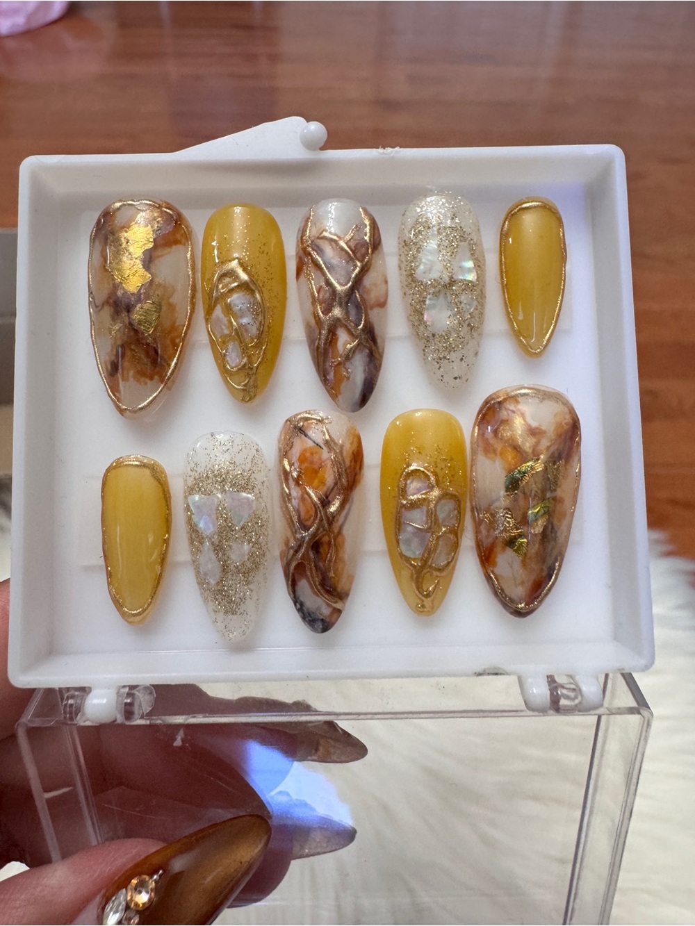 Press-On Nail Set in Mustard Yellow & Marble with Gold Accents